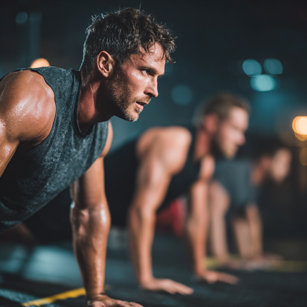 Athletic men doing functional training exercises with focus and determination