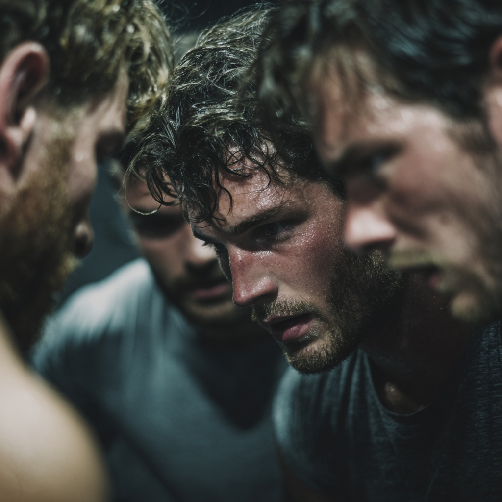 Group of motivated men supporting each other during intense workout session