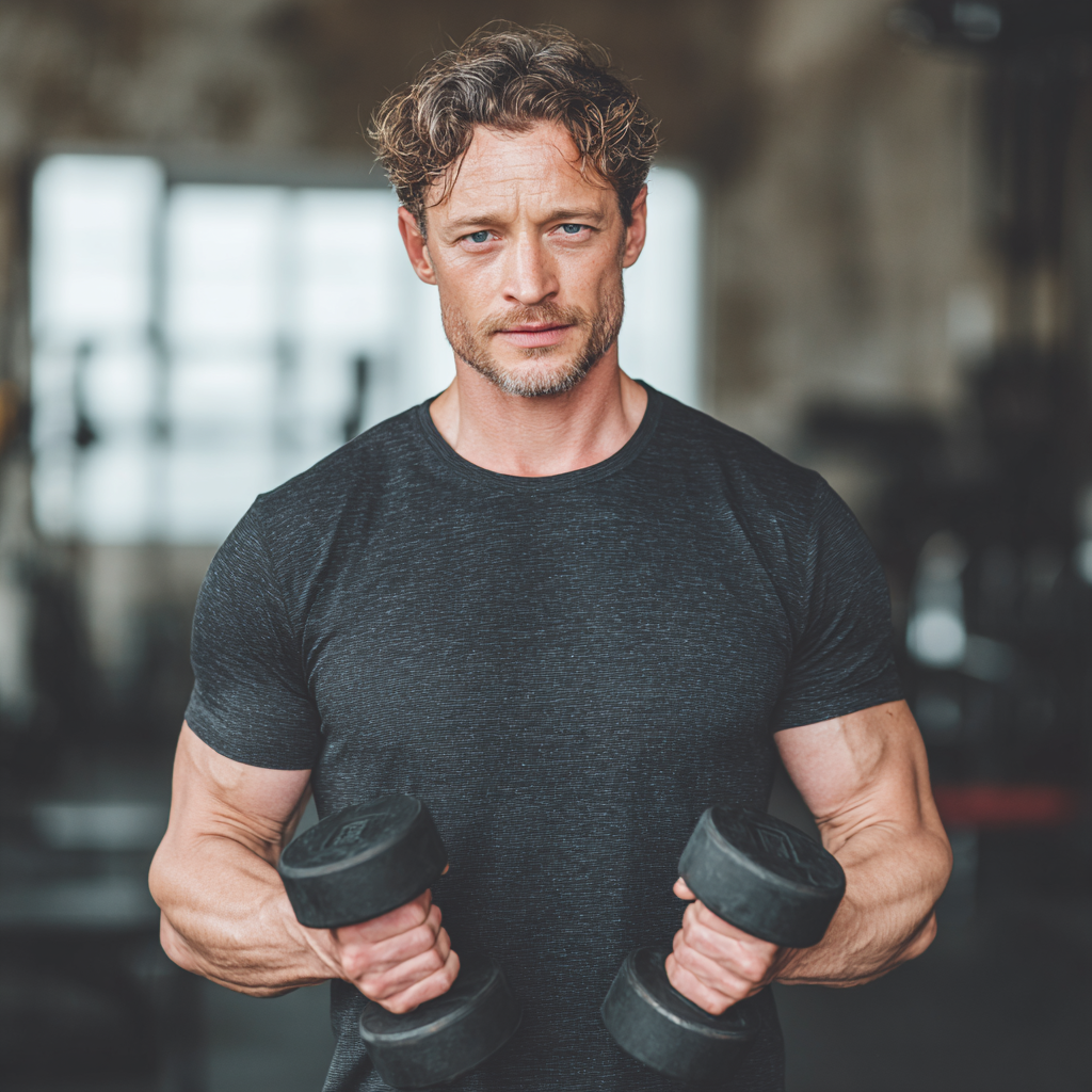 Strong confident man in gym setting holding weights with determined expression